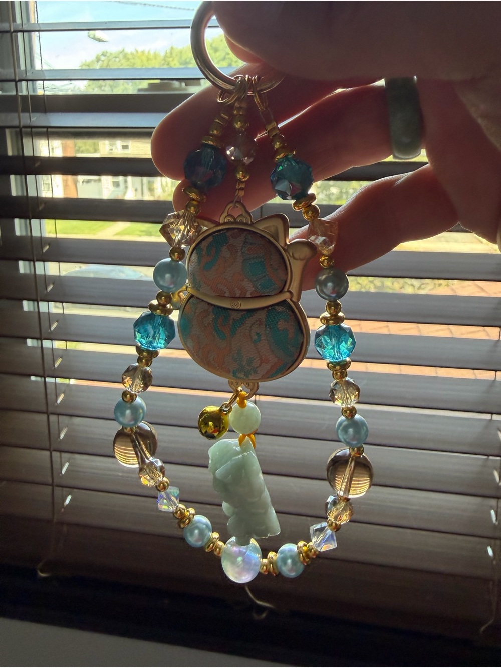 Gold-Tone Turquoise & Peach Cat with a Jade Pixiu Charm Beaded Purse Keychain